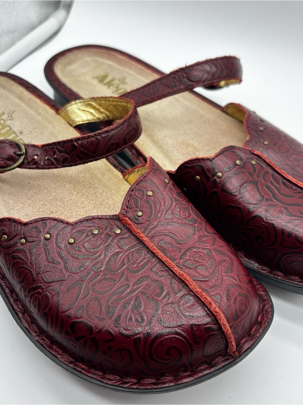 Algeria Tuscany Tooled Oxblood Leather Slip On Clogs 41 Academia Cottage 10.5-11 - Picture 2 of 7